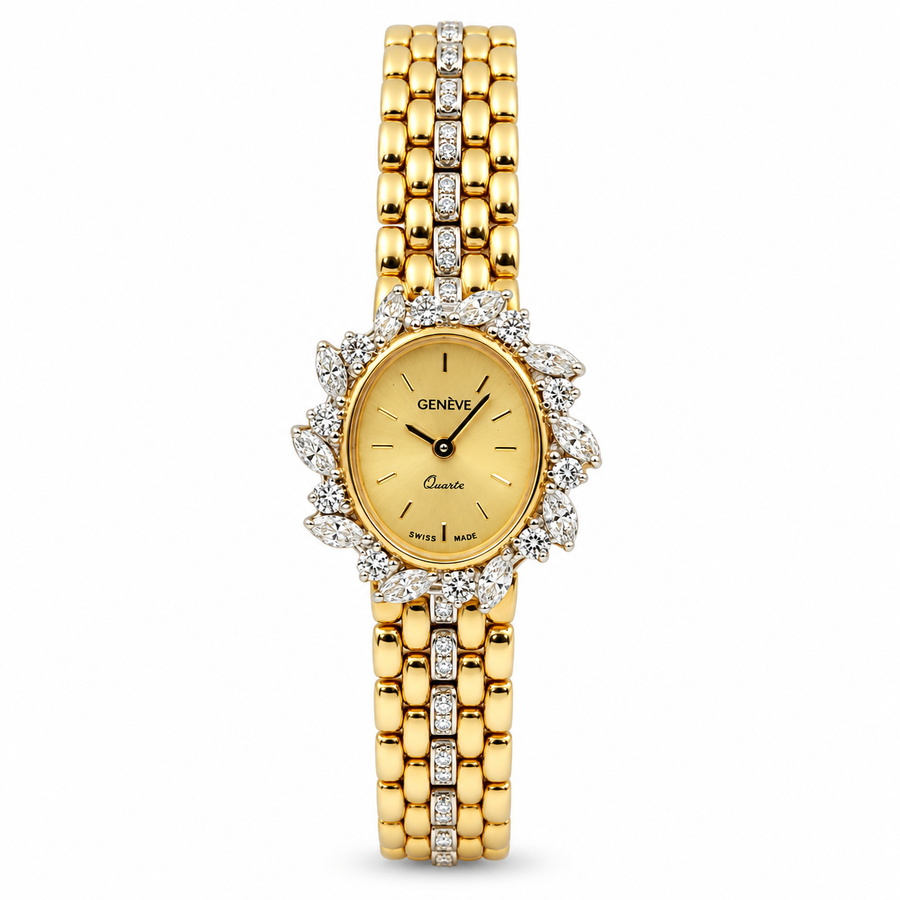 Ladies Geneve 23mm x 26mm Vintage 14K Yellow Gold Watch with Gold Dial and Diamond Bezel. (Pre-Owned)