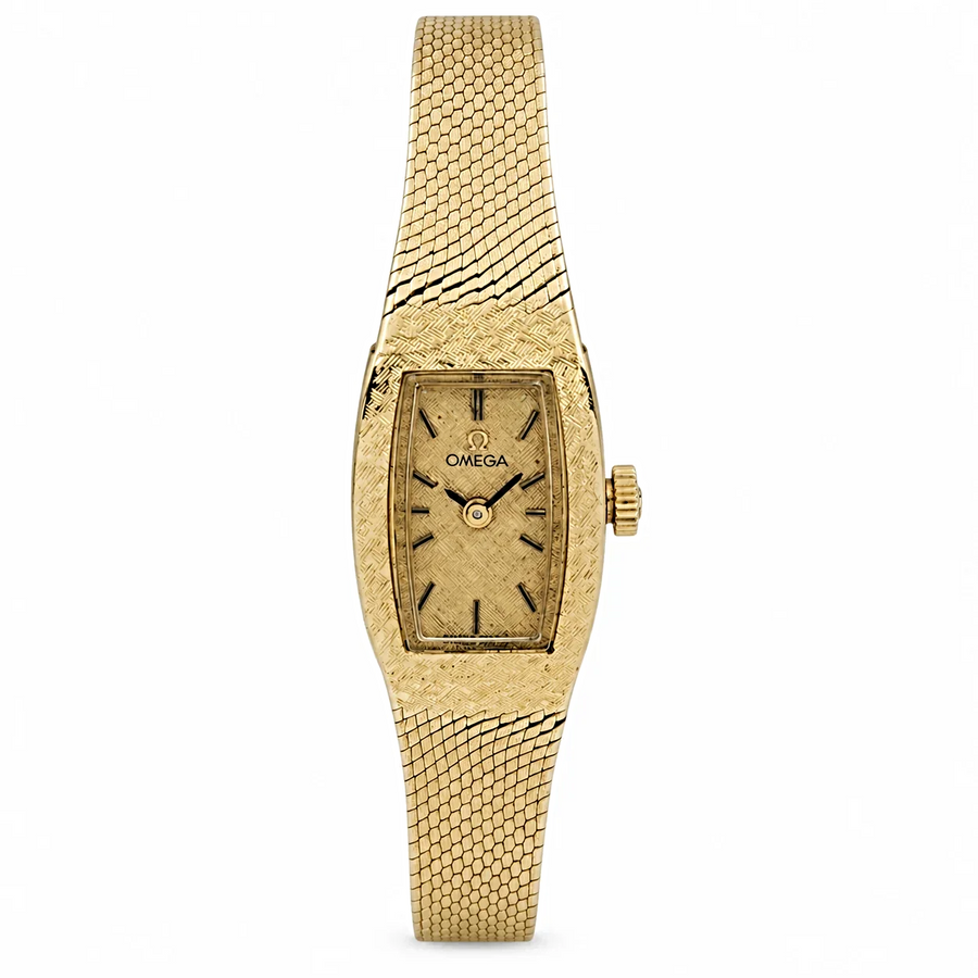 Ladies Omega Vintage 14K Yellow Gold Automatic Watch with Mesh Band and Gold Dial. (Pre-Owned)