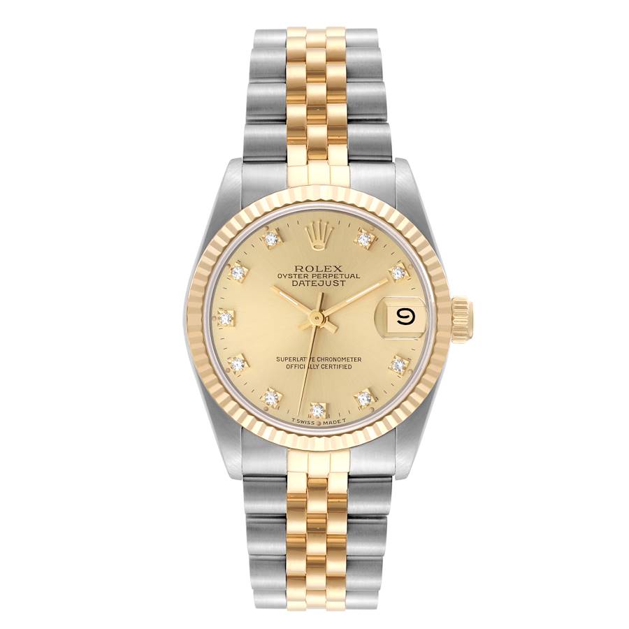 *1990 Ladies Rolex Midsize 31mm DateJust Two Tone 18K Yellow Gold / Stainless Steel Watch with Diamond Champagne Dial and Fluted Bezel. (Pre-Owned 68273)