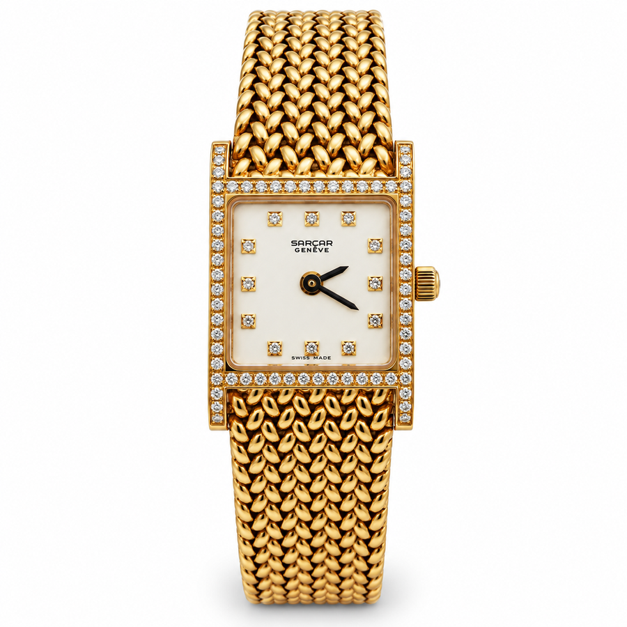 Ladies Sarcar Time Square Lady 18K Yellow Gold Watch with Solid Gold Band, Pearl White Diamond Dial and Diamond Bezel. (NEW 51503)