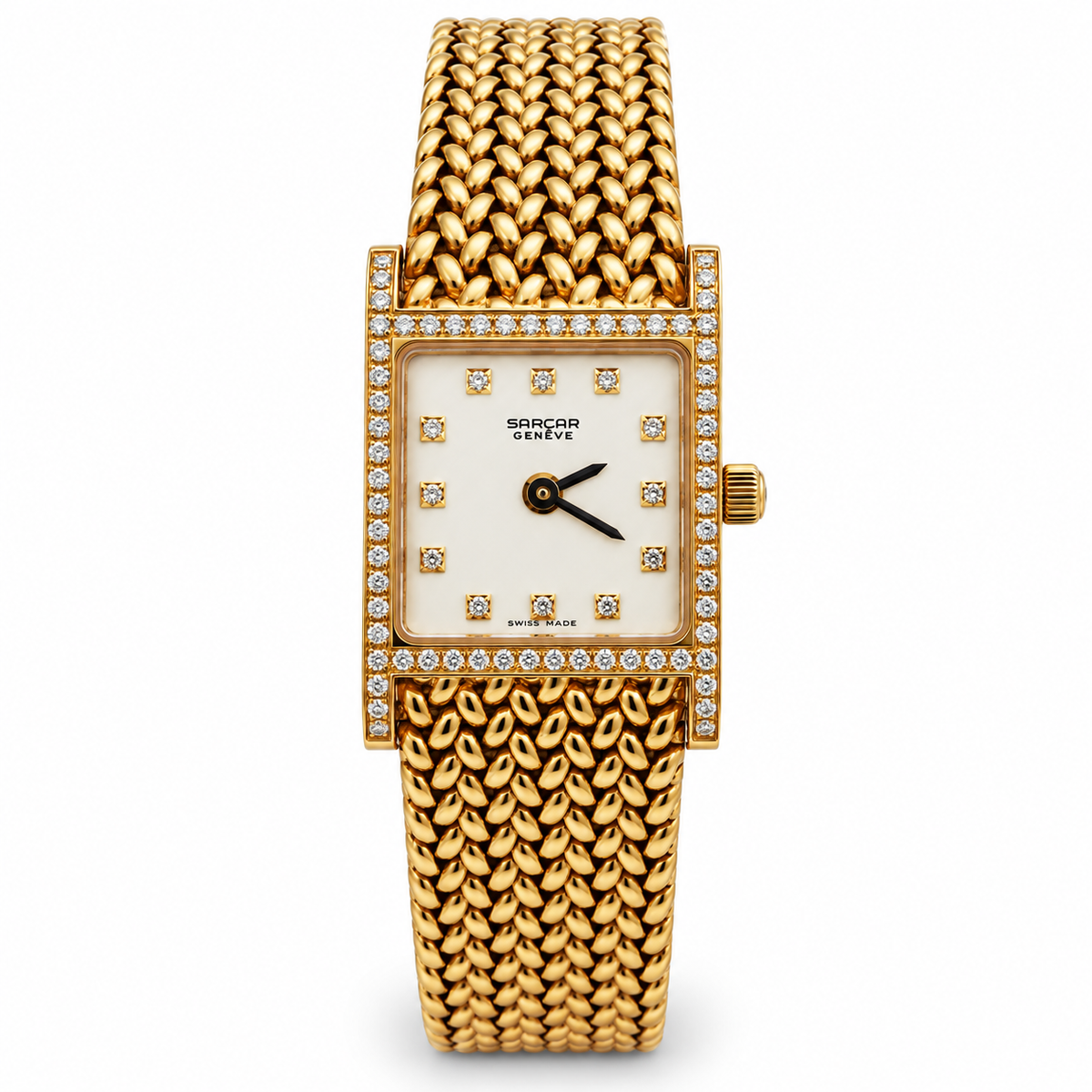 Ladies Sarcar Time Square Lady 18K Yellow Gold Watch with Solid Gold Band, Pearl White Diamond Dial and Diamond Bezel. (NEW 51503)