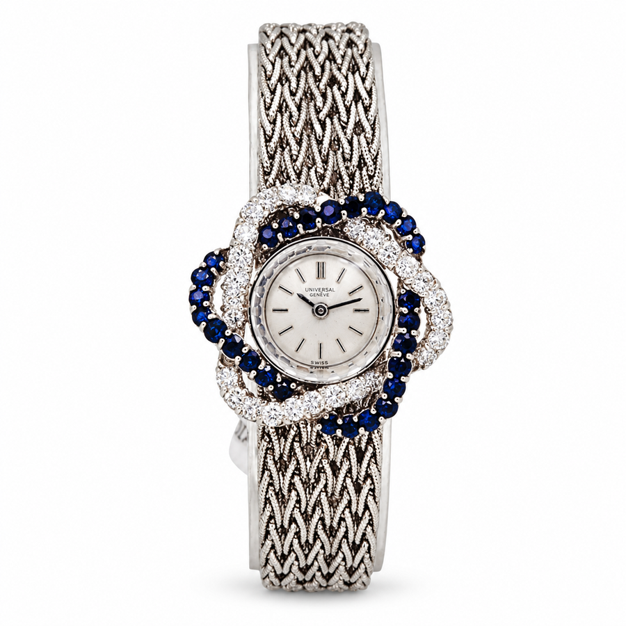 Ladies Universal Genève Vintage 22mm Watch with Blue Saphire / Natural Diamonds in 18K White Gold Band. (Pre-Owned)