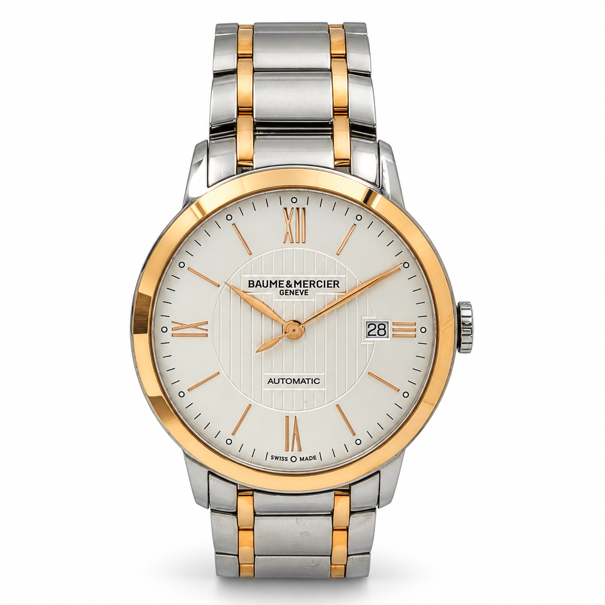 *Men's Baume & Mercier 40mm Classima Automatic Electro Plated Rose Gold / Stainless Steel Watch with White Roman Numeral Dial. (Pre-Owned Box/Paper)