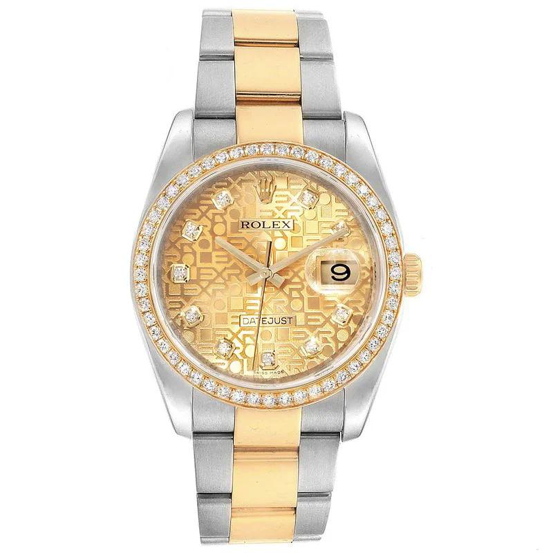 Men's Rolex 36mm DateJust Two Tone 18K Yellow Gold / Stainless Steel Watch with Champagne Anniversary Diamond Dial and Diamond Bezel. (Pre-Owned 116243)