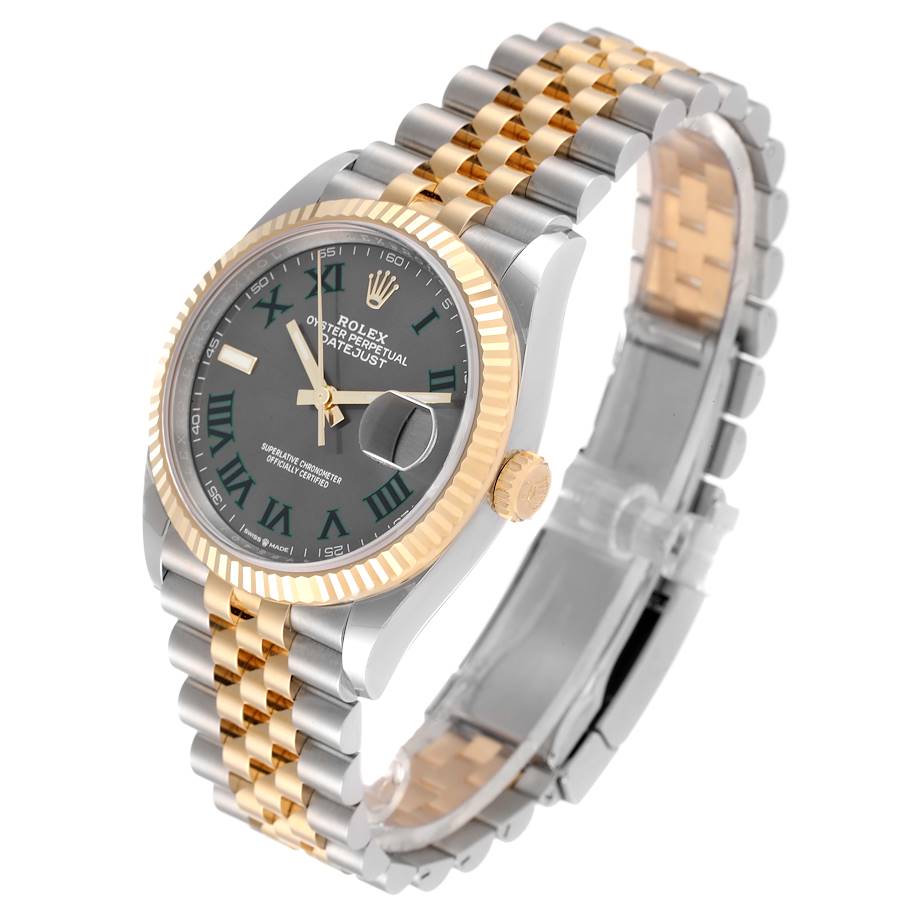 Men's Rolex 36mm DateJust Two Tone 18K Yellow Gold / Stainless Steel Watch with Dark Silver Dial and Fluted Bezel. (Unworn 126233)