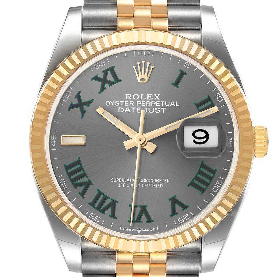 Men's Rolex 36mm DateJust Two Tone 18K Yellow Gold / Stainless Steel Watch with Dark Silver Dial and Fluted Bezel. (Unworn 126233)