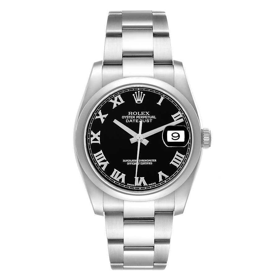 Men's Rolex 36mm Oyster Perpetual DateJust Stainless Steel Watch with Roman Numeral Black Dial and Smooth Bezel. (Pre-Owned 116200)