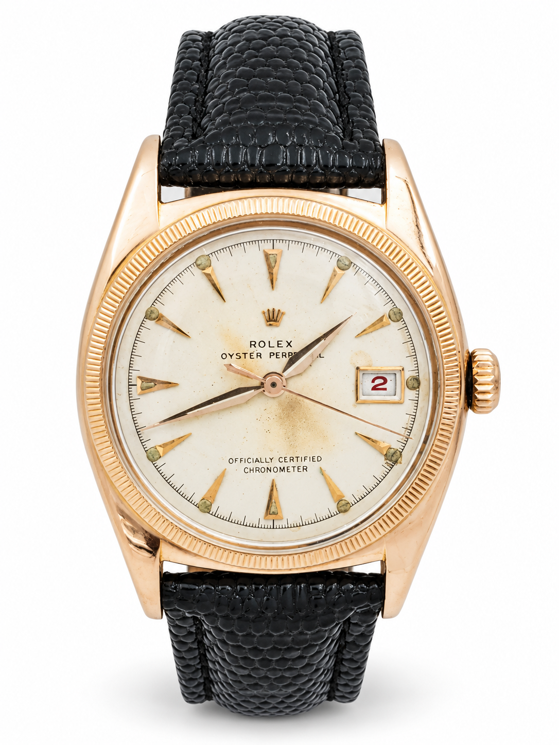 *1950 Men's Rolex 36mm Vintage Bubbleback Oyster Perpetual Rose Gold Watch with Cream Dial and Black Leather Strap. (Pre-Owned 6075)