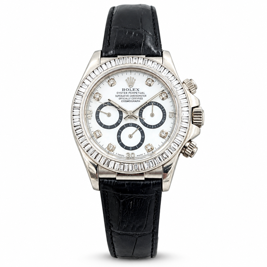 *Men's Rolex Daytona 40mm - 18K White Gold Watch with Leather Band Mother of Pearl Diamond Dial and Diamond Bezel. (Pre-Owned 116518)