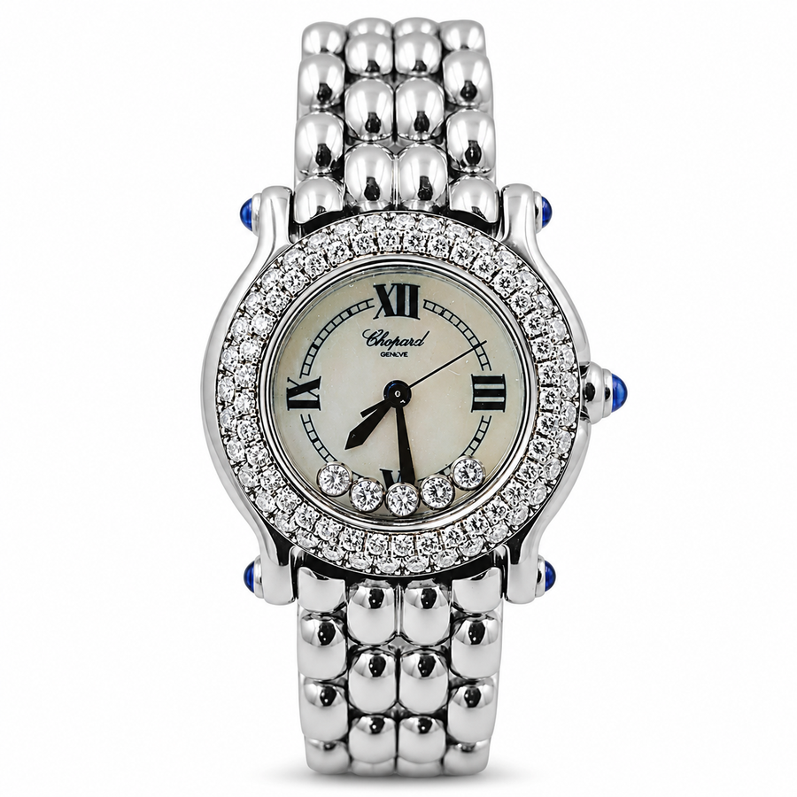 Ladies Chopard 26mm Happy Sport Five Diamond Stainless Steel Watch with Mother of Pearl Dial and Diamond Bezel. (Pre-Owned 27/8250-23)