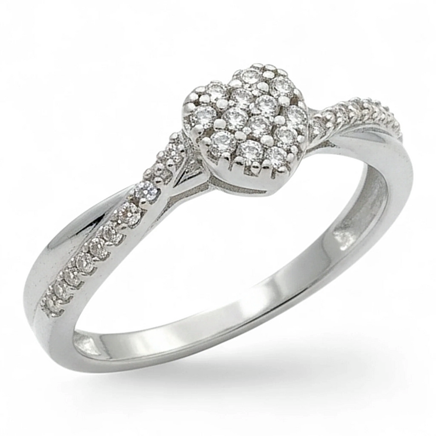 Estate Jewelry 10K White Gold Heart Shaped Pave set Ring with Round Diamonds. (Size 7.0)