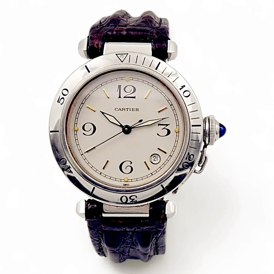 Unisex Cartier Pasha 38mm Arabic Numeral Automatic Watch with Brown Leather Strap and Ivory Dial. (Pre-Owned)