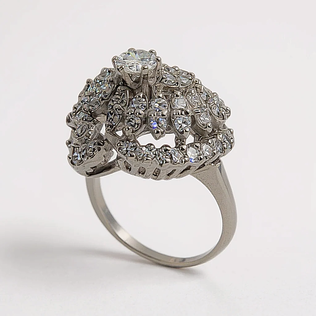 Estate Jewelry 14K White Gold Cocktail Ring with 0.33 Ct. Center Diamond and 58 Round Diamonds 1.16 Total Carat Weight. (Size 5.00)