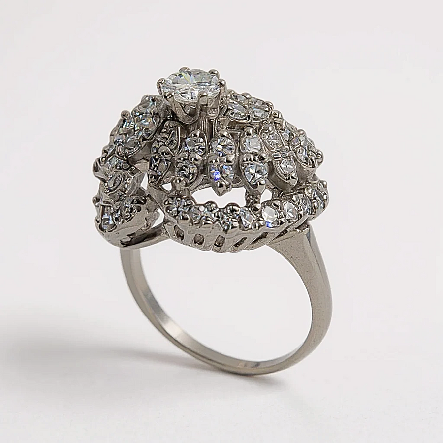 Estate Jewelry 14K White Gold Cocktail Ring with 0.33 Ct. Center Diamond and 58 Round Diamonds 1.16 Total Carat Weight. (Size 5.00)