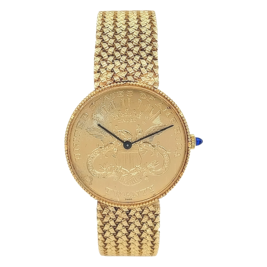 Unisex Lucien Piccard 33mm Liberty 18K Yellow Gold Coin Watch with Mesh Gold Band. (Pre-Owned)