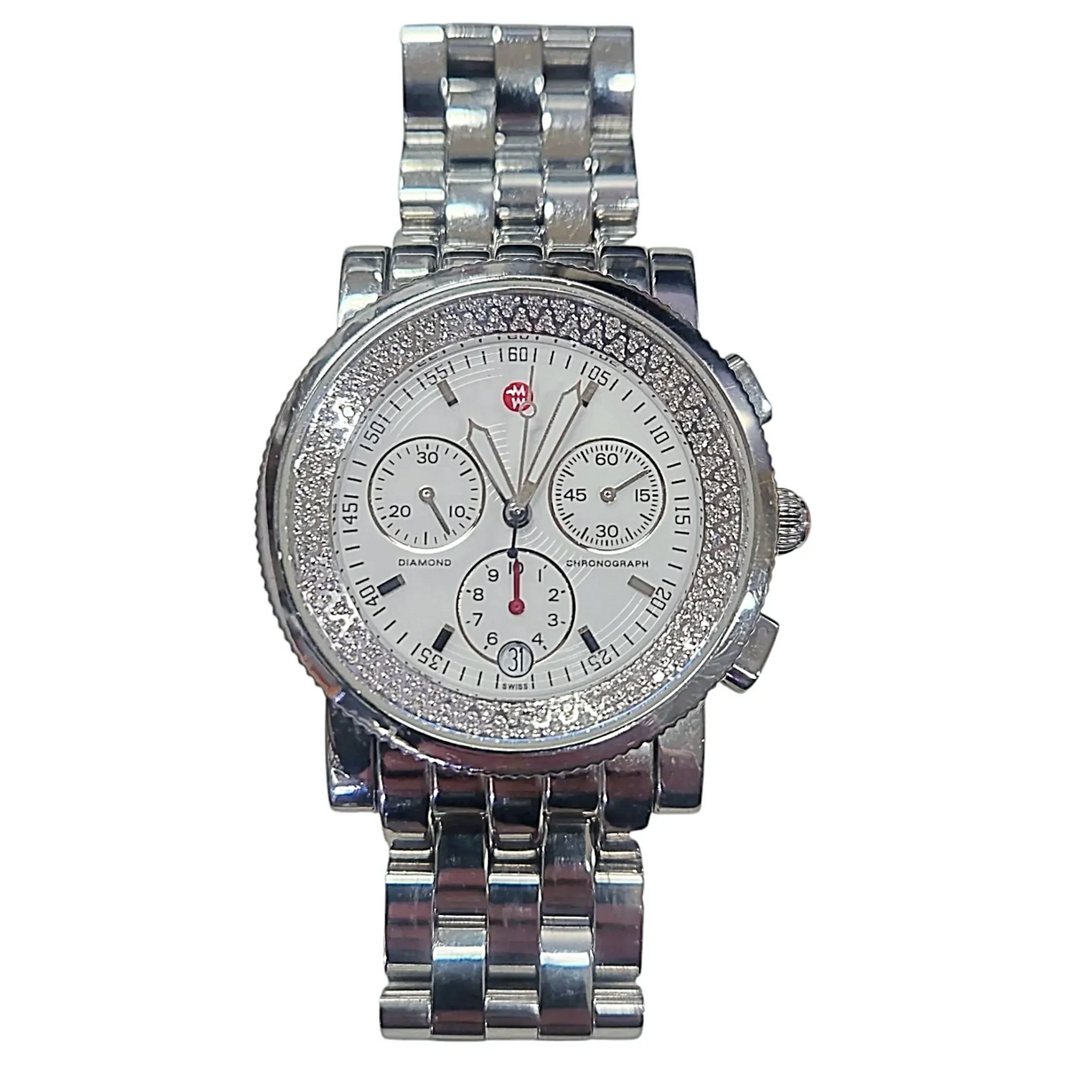 Ladies Michele 38mm Sport Sail Stainless Steel Wristwatch with White Dial & Diamond Inner Bezel. (Pre-Owned)