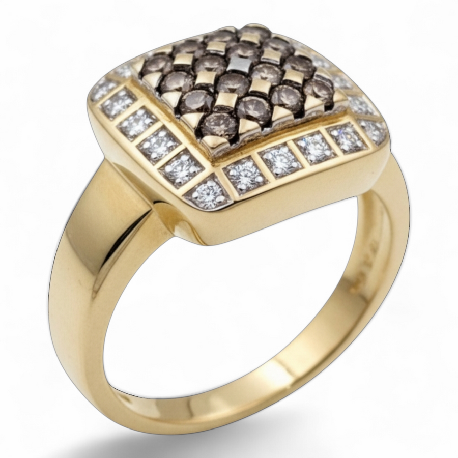 Estate Jewelry 14K Yellow Gold Pave Set Cluster Ring with White and Brown Diamonds. (Size 7.0)