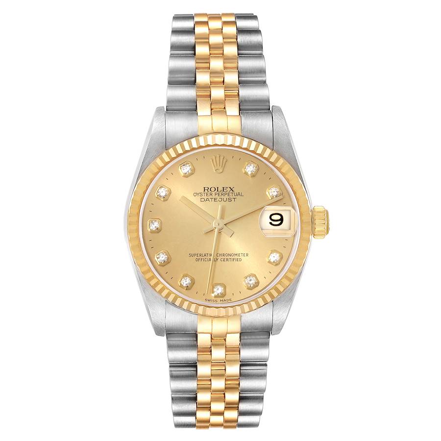 *2000 Ladies Rolex Midsize 31mm DateJust Two Tone 18K Yellow Gold / Stainless Steel Watch with Diamond Champagne Dial and Fluted Bezel. (Pre-Owned 78273)