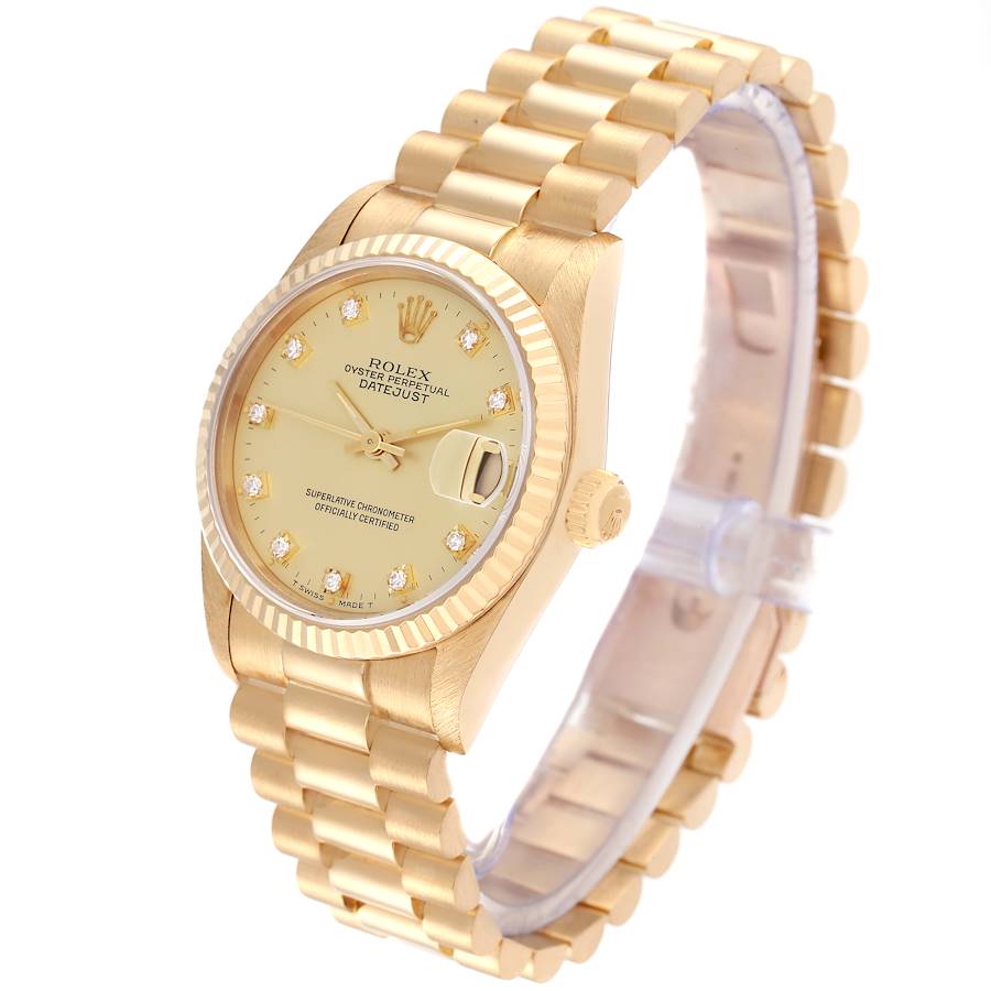 Ladies Rolex 26mm Presidential 18K Solid Yellow Gold Watch with Gold Diamond Dial and Fluted Bezel. (Pre-Owned 68278)