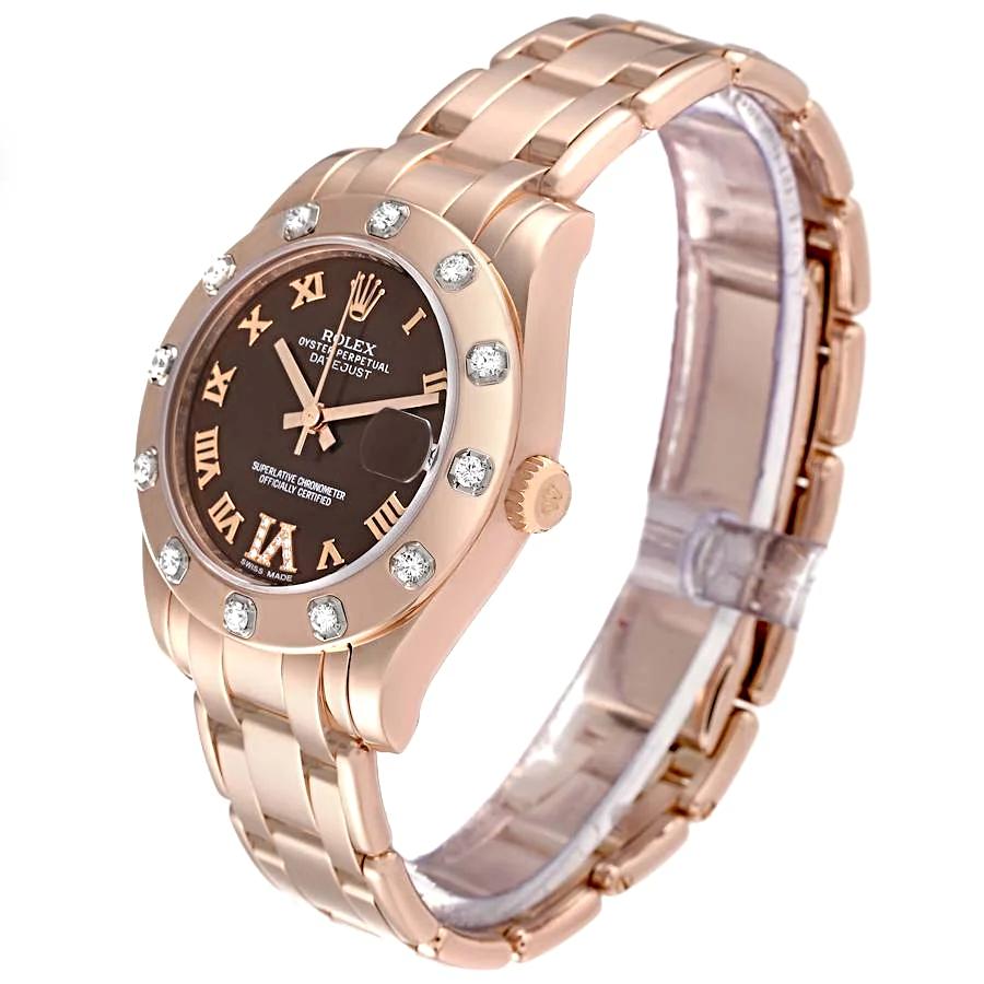 Ladies Rolex 34mm Pearlmaster Rose Gold Watch with Chocolate Diamond Dial and Diamond Bezel. (NEW 81315)