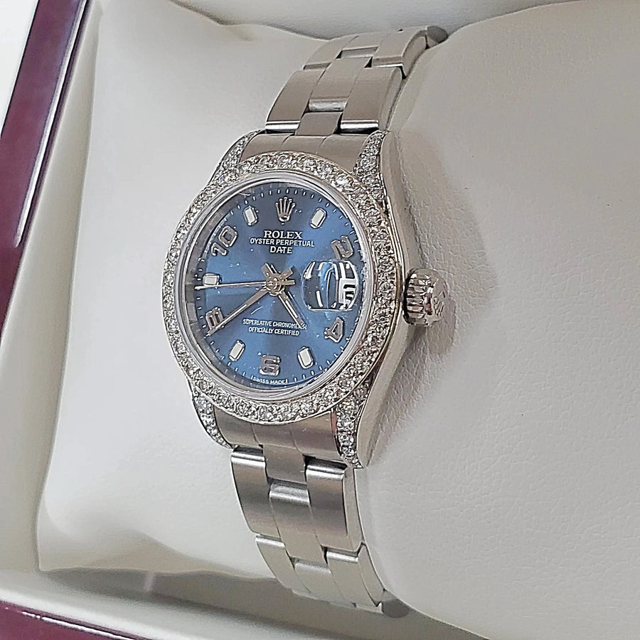Ladies Rolex 26mm DateJust Stainless Steel Watch with Midnight Blue Dial and Diamond Bezel. (Pre-Owned)