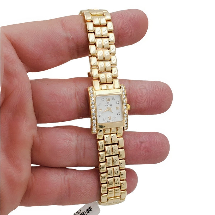 Ladies Concord La Scala Solid 14K Yellow Gold Band Watch with Diamond White Dial and Diamond Bezel. (Pre-Owned)