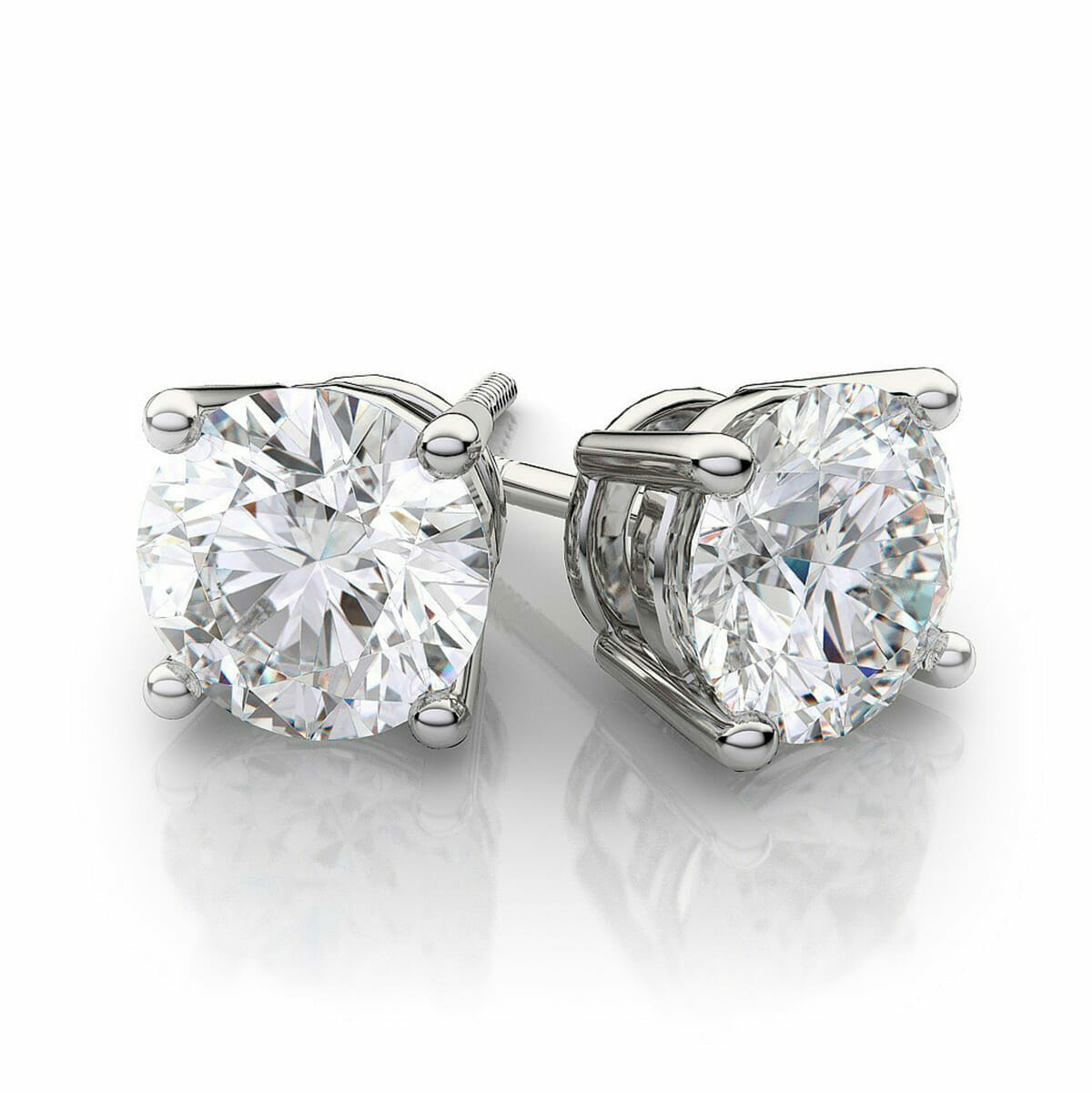 14K White Gold Four Prong Brilliant Natural Round 2.00 CT - Total Weight (SI Quality) Diamond Stud Earrings.