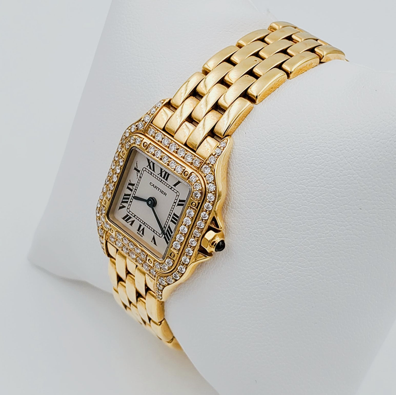 Ladies Small Cartier Santos Polished 18K Solid Yellow Gold Watch with Custom Diamond Bezel. (Pre-Owned)