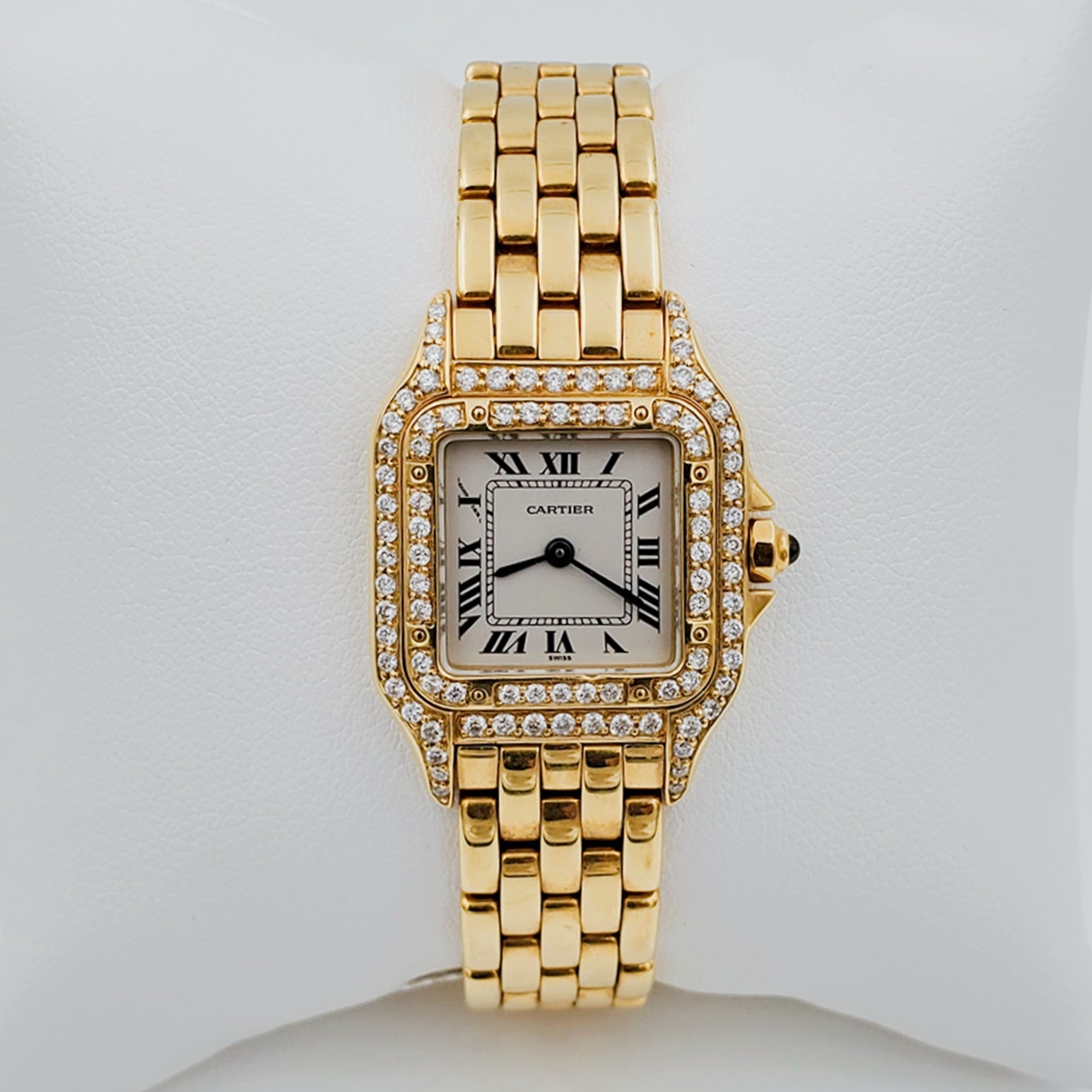 Ladies Small Cartier Panthere Polished 18K Solid Yellow Gold Watch with Custom Diamond Bezel. (Pre-Owned)