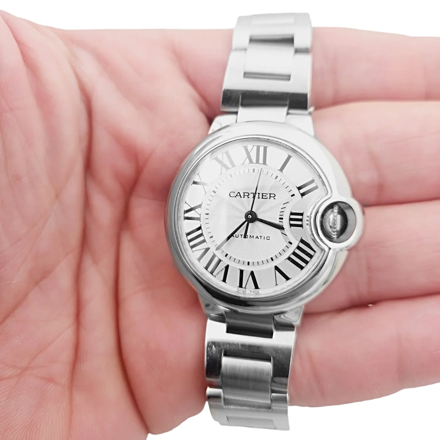 Ladies Cartier 33mm Ballon Bleu Automatic Stainless Steel Watch with Roman Numeral Silver Dial and Smooth Bezel. (Pre-Owned W6920071)