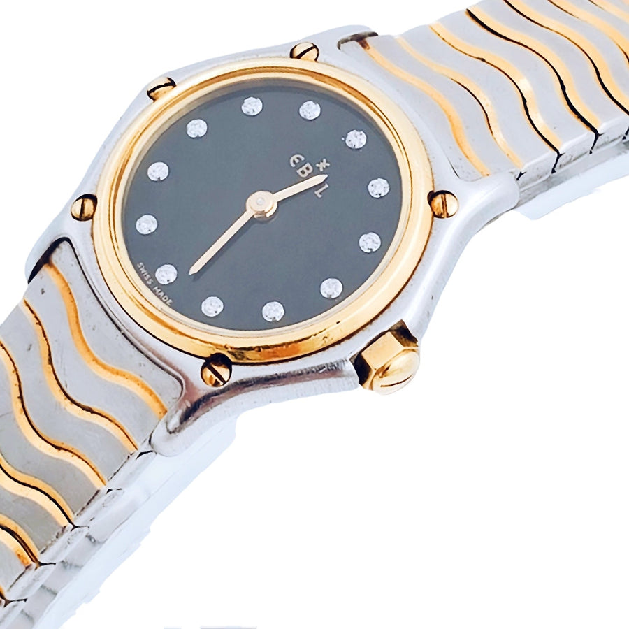 Ladies Ebel 23mm Petite Two Tone 18K Yellow Gold / Stainless Steel Band Watch with Black Diamond Dial. (Pre-Owned)
