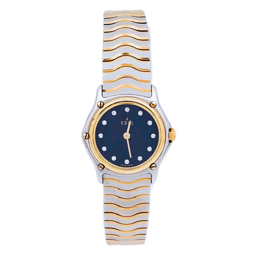 Ladies Ebel 23mm Petite 18K Yellow Gold / Stainless Steel Two Tone Band Watch with Black Diamond Dial. (Pre-Owned)
