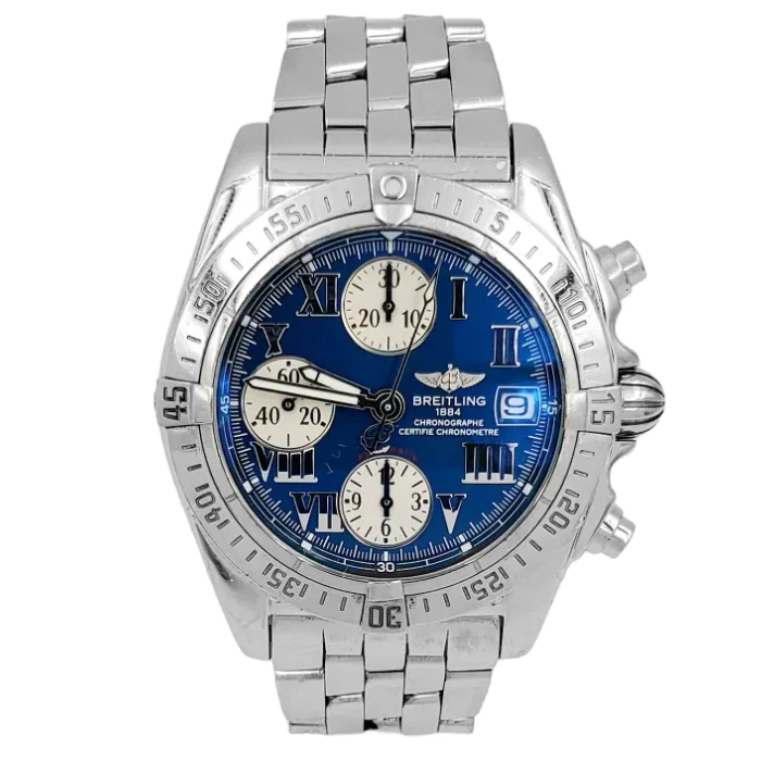 Men's Breitling 38mm Windrider Cockpit Automatic Stainless Steel Watch with Blue Chronograph Dial. (Pre-Owned A13358)