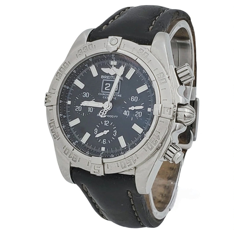 Men's Breitling Blackbird Chronograph 44mm Stainless Steel Watch with Black Leather Band and Black Dial. (Pre-Owned A44359)