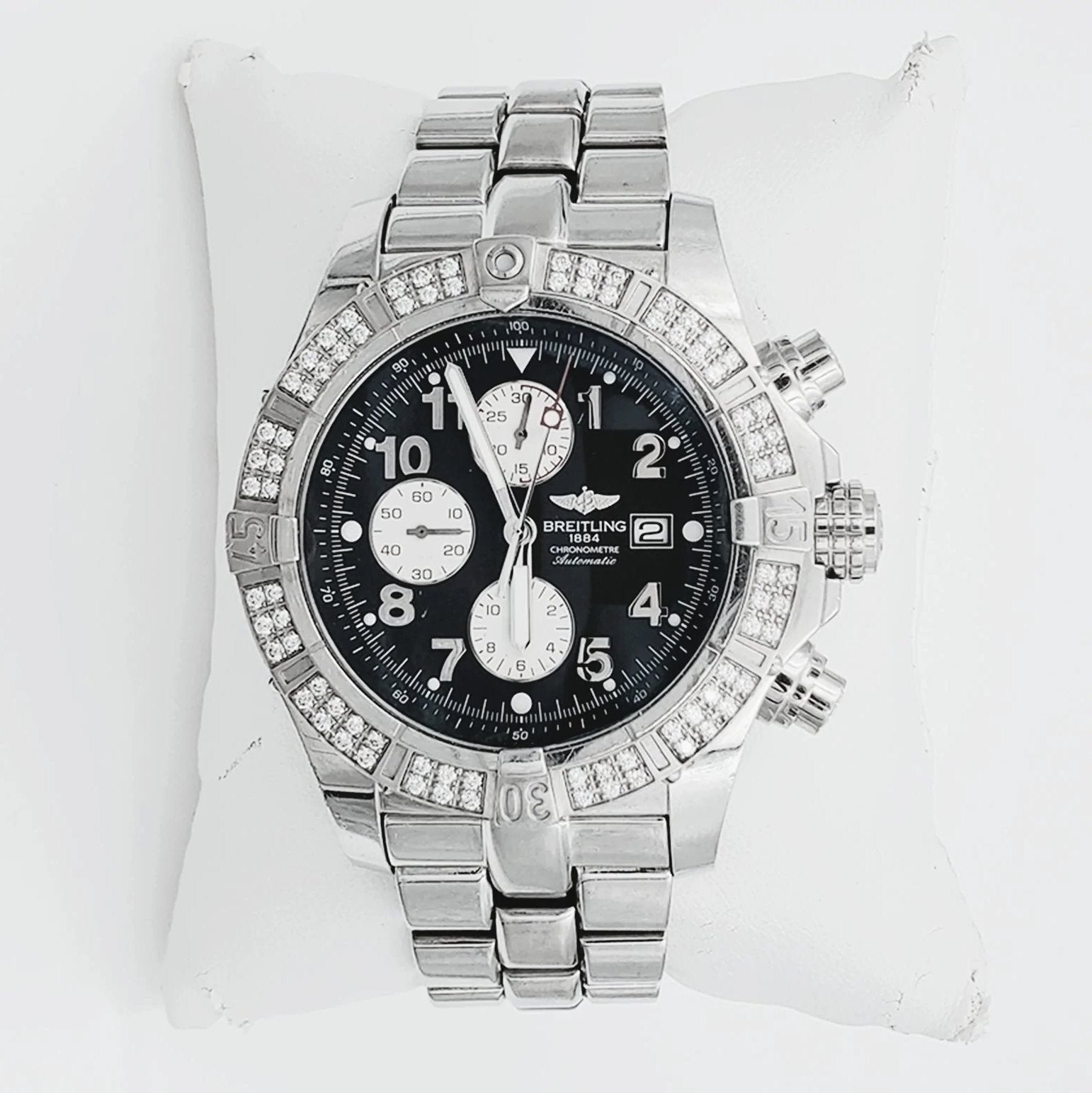 Men's Breitling Super Avenger Chronograph 48mm Stainless Steel Watch with Black Dial and Diamond Bezel. (Pre-Owned A13370)