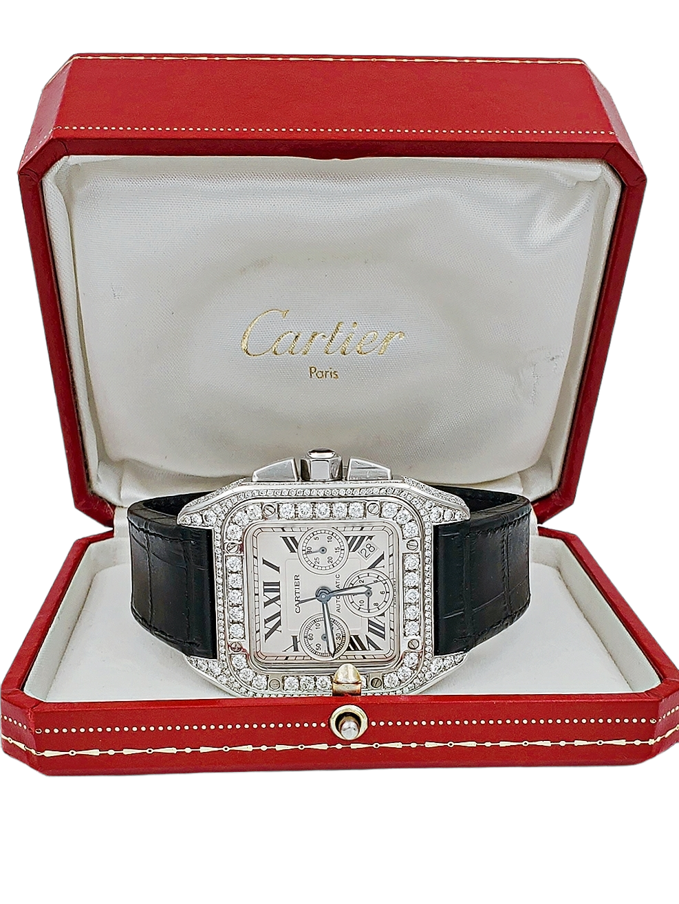 Men's Cartier 48mm Santos XL Chronograph Watch with Black Leather Band, Roman Numeral White Dial and Diamond Bezel. (Pre-Owned W20090X8)