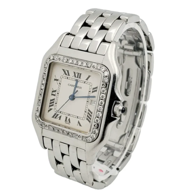 Men's Large Cartier Panthere Stainless Steel Watch with White Dial and Diamond Bezel. (Pre-Owned)