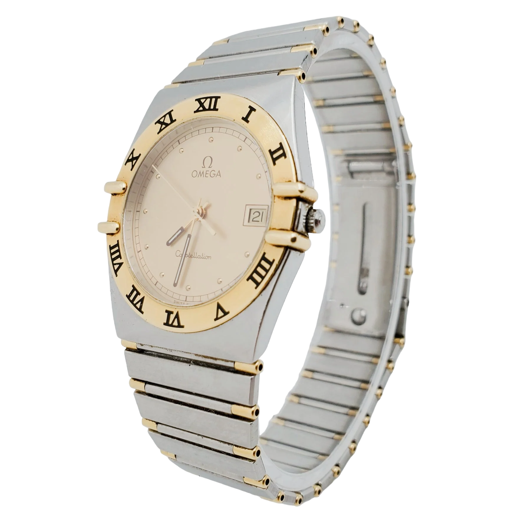 Men's Omega 34mm Constellation Two Tone 18K Yellow Gold / Stainless Steel Watch with Gold Dial and Fixed Roman Numeral Bezel. (Pre-Owned)