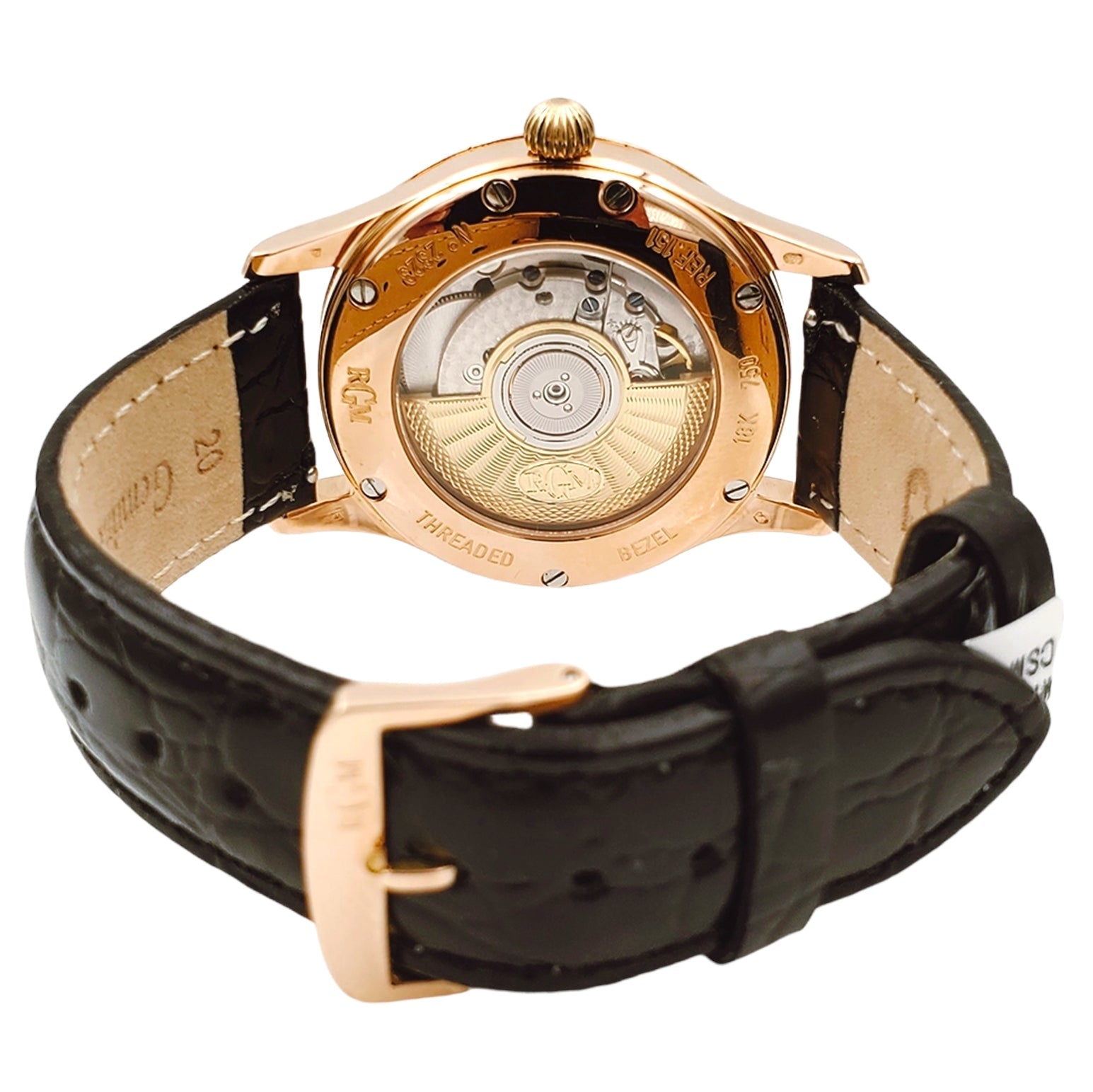 *Men's RGM 38mm - 18K Rose Gold Watch with Black Leather Band and Silver Dial. (Pre-Owned Model RGM 151-E)