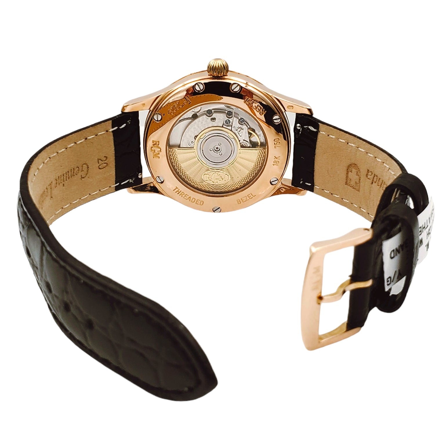 *Men's RGM 38mm - 18K Rose Gold Watch with Black Leather Band and Silver Dial. (Pre-Owned Model RGM 151-E)