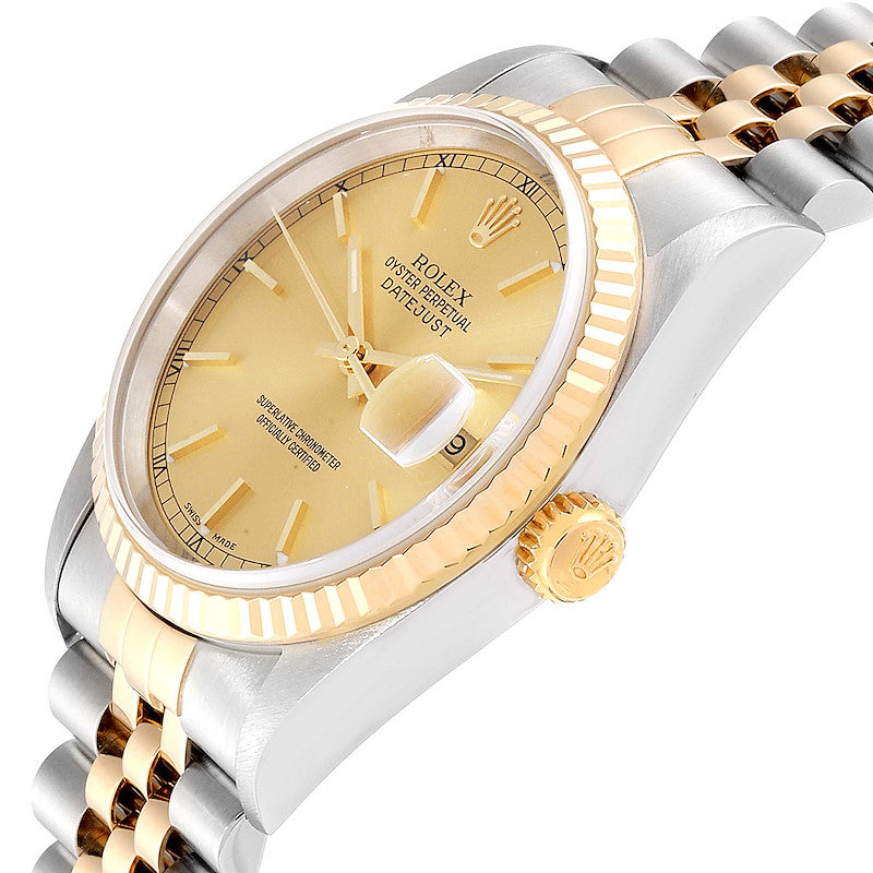 *1998 Men's Rolex 36mm DateJust 18K Gold / Stainless Steel Two Tone Watch with Champagne Dial and Fluted Bezel. (UNWORN 16233)
