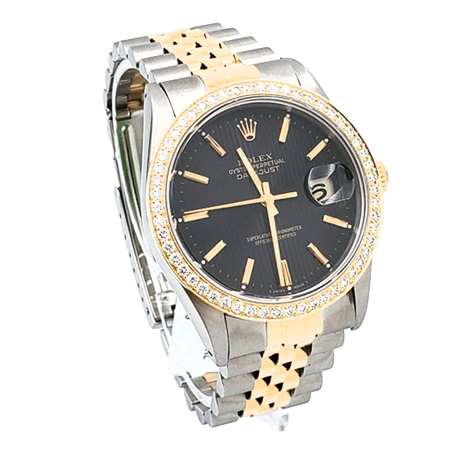 Men's Rolex 36mm DateJust 18K Yellow Gold / Stainless Steel Two Tone Watch with Black Dial and Diamond Bezel. (Pre-Owned 16233)