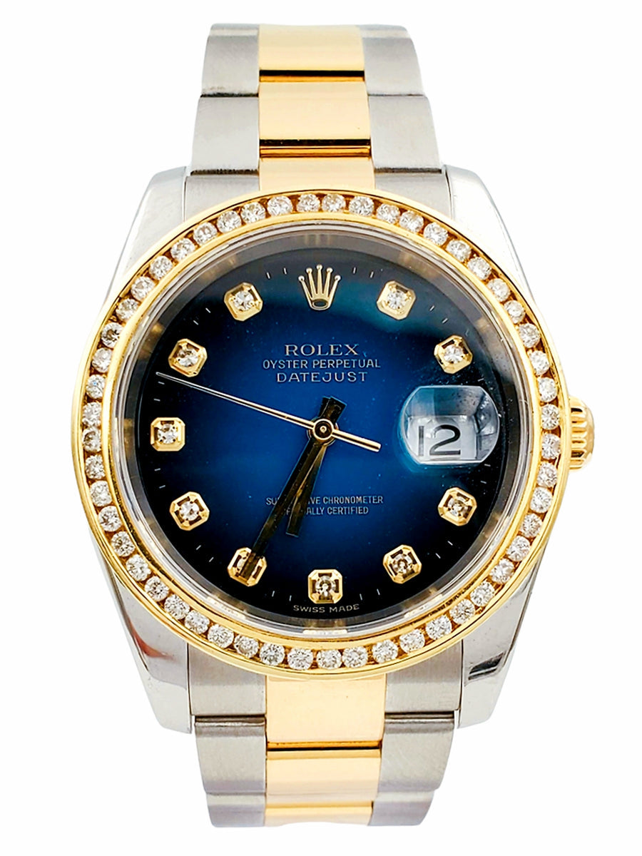Men's Rolex 36mm DateJust 18K Yellow Gold / Stainless Steel Two-Tone Watch with Blue Diamond Dial and Diamond Bezel. (Pre-Owned 116203)