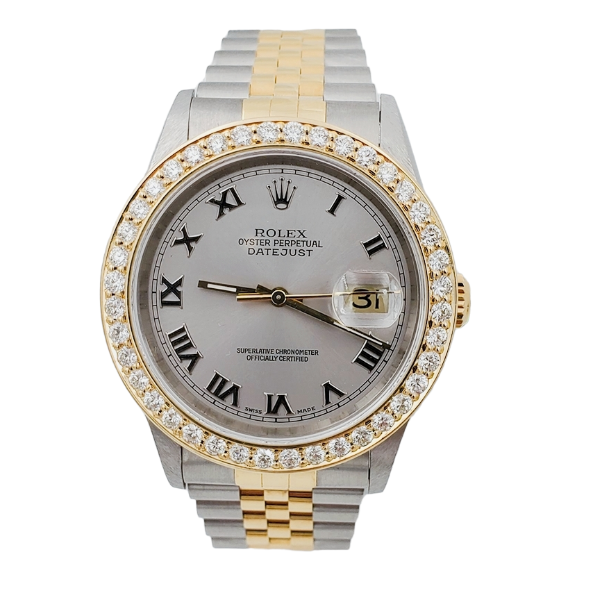 *1997 Men's Rolex 36mm DateJust Two Tone 18K Gold / Stainless Steel Watch with Silver Dial and 2CT Diamond Bezel. (UNWORN 16233)
