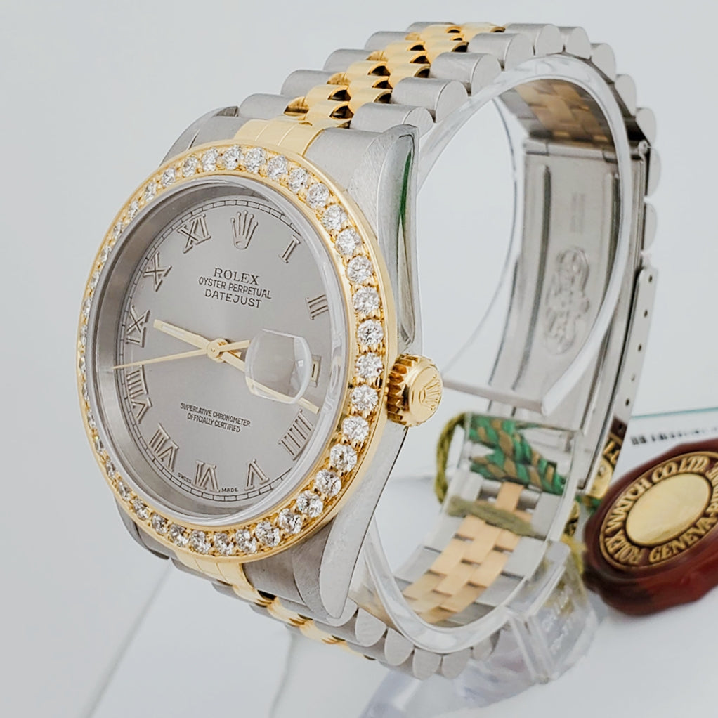 *1997 Men's Rolex 36mm DateJust Two Tone 18K Gold / Stainless Steel Watch with Silver Dial and 2CT Diamond Bezel. (UNWORN 16233)