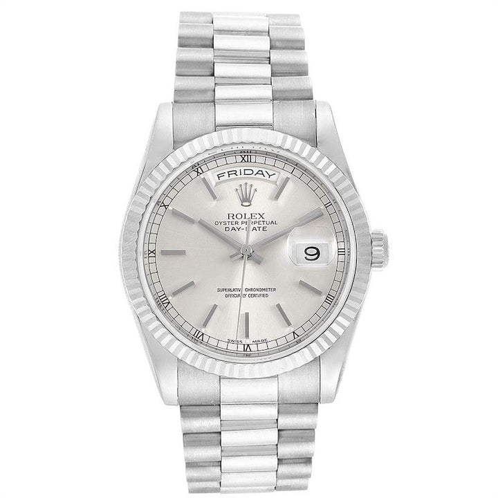 1984 Men's Rolex 36mm Day-Date Presidential 18K White Gold Watch with Silver Dial and Fluted Bezel. (Pre-Owned 18039)