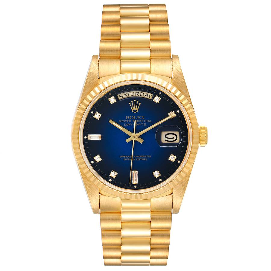 Men's Rolex 36mm Presidential 18k Yellow Gold Watch with Blue Diamond Dial and Fluted Bezel. (NEW 18238)