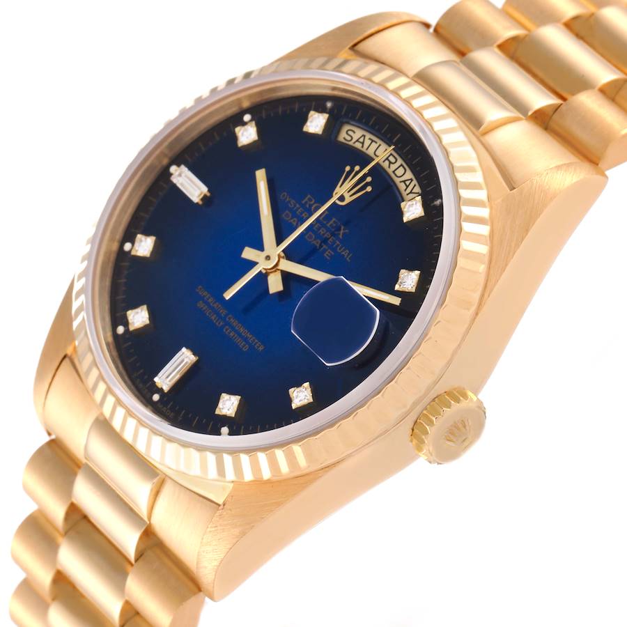 Men's Rolex 36mm Presidential 18k Yellow Gold Watch with Blue Diamond Dial and Fluted Bezel. (NEW 18238)