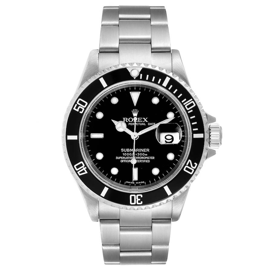 Men's Rolex 40mm Submariner Date 16610 Oyster Perpetual Stainless Steel Watch with Black Dial and Black Bezel. (NEW 16718)