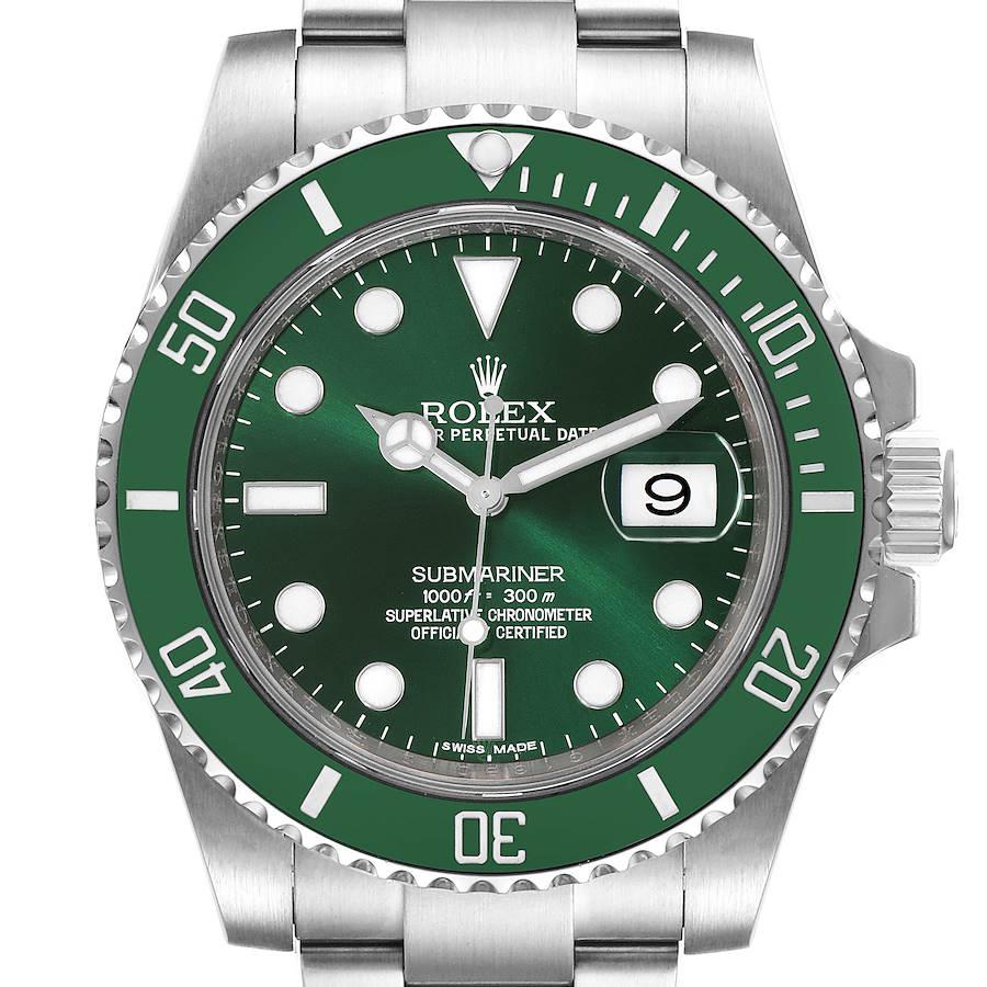 2013 Men's Rolex 40mm Submariner "Hulk" Oyster Perpetual Date Stainless Steel Watch with Green Dial and Green Bezel. (Pre-Owned 116610)